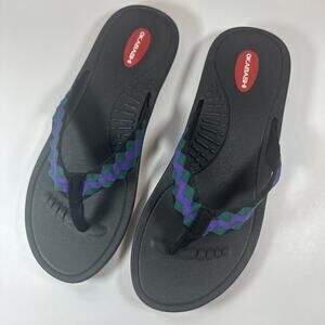 Okabashi Flip-flops Womens Large Black Sandals Large Purple and Green Straps EUC